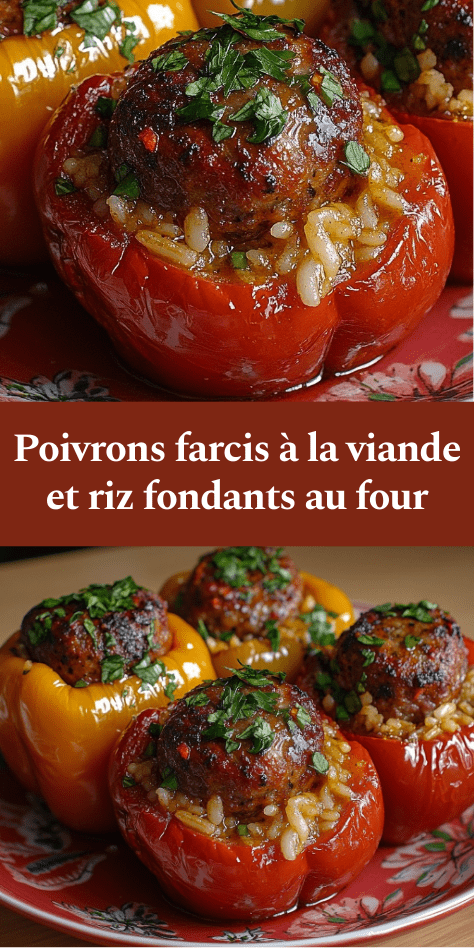 Poivrons farcis à la viande hachée et riz, gratinés au fromage, cuits au four dans une sauce tomate maison et parsemés de persil frais