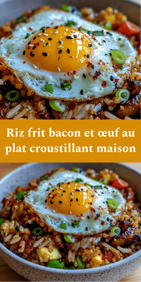 Bol de riz frit au bacon croustillant avec légumes, œuf au plat au jaune coulant et graines de sésame, servi bien chaud