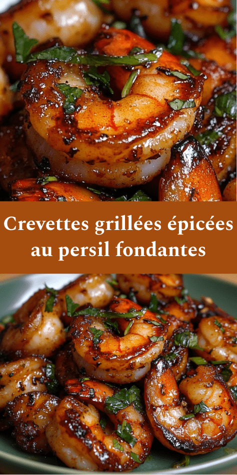 Crevettes grillées épicées au paprika et citron, nappées d’une sauce brillante à l’ail et parsemées de persil frais, servies bien chaudes
