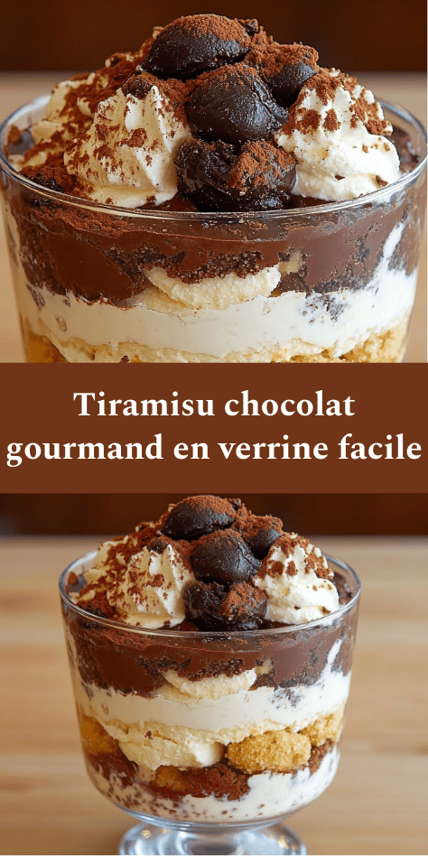 Verrines de tiramisu chocolat avec couches de biscuits imbibés, crème mascarpone onctueuse, ganache chocolat noir et cacao saupoudré