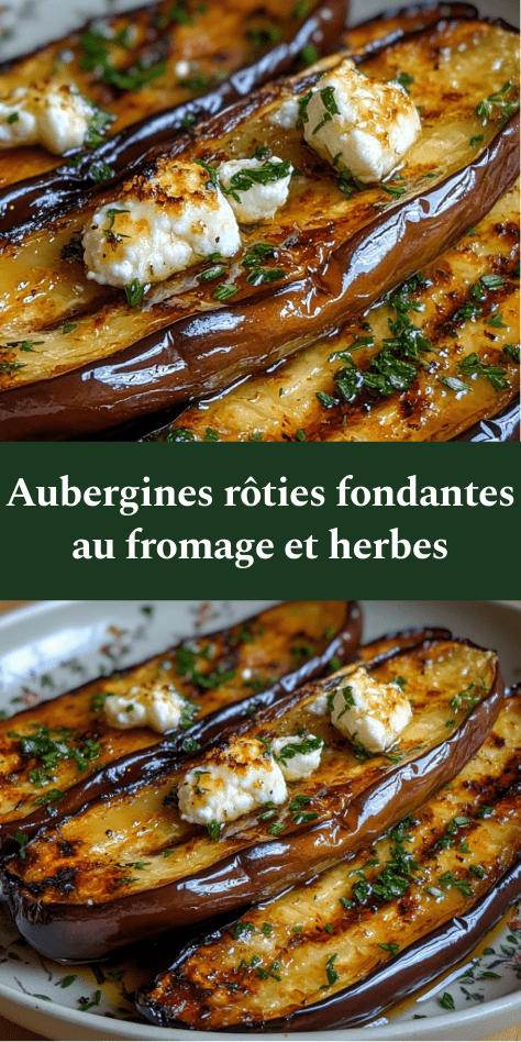 Aubergines rôties au four, chair fondante imbibée d’huile d’olive, garnies de fromage émietté et d’herbes fraîches, légèrement caramélisées