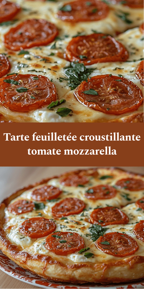 Tarte feuilletée croustillante garnie de tomates fraîches et mozzarella fondante, dorée au four avec herbes fraîches et huile d’olive