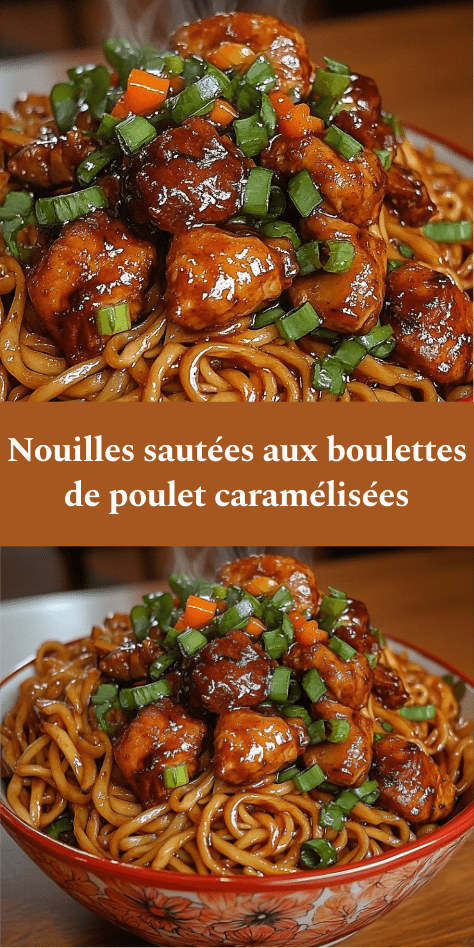 Nouilles sautées au wok avec boulettes de poulet caramélisées, sauce soja brillante, oignons verts et légumes croquants