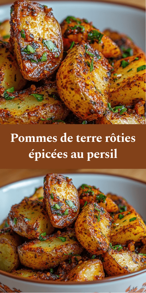Pommes de terre rôties au four, dorées et croustillantes, enrobées d’épices, d’ail et de persil frais, servies bien chaudes en accompagnement