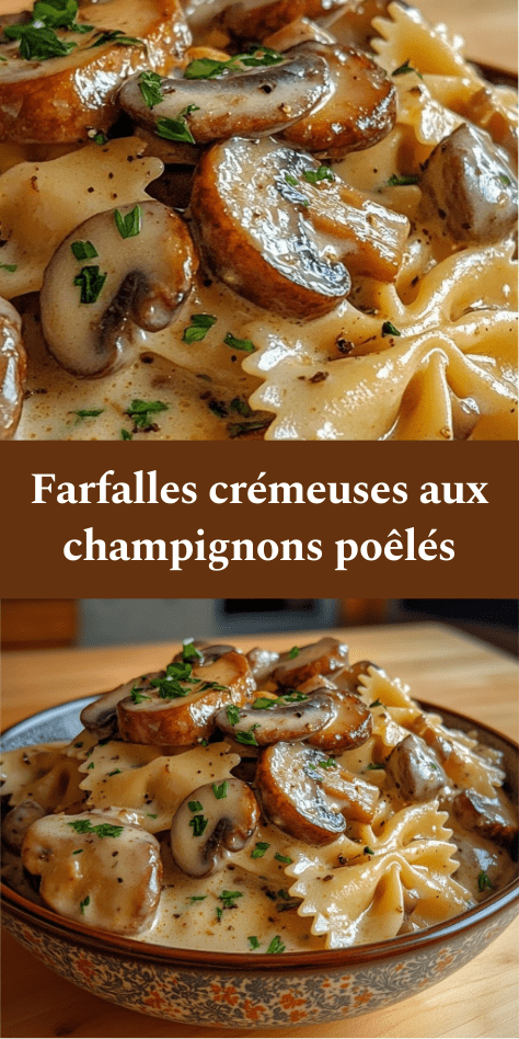 Farfalles crémeuses aux champignons poêlés, nappées de sauce onctueuse à la crème, garnies de persil frais et de parmesan