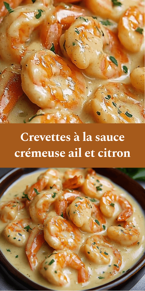 Crevettes dorées nappées d’une sauce crémeuse à l’ail et au citron servies dans une poêle, texture onctueuse et finition au persil frais.