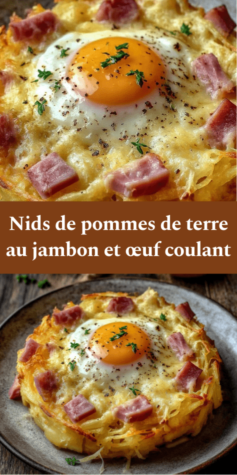 Nids de pommes de terre croustillants au four garnis de jambon et d’un œuf au jaune coulant, servis chauds avec persil frais.