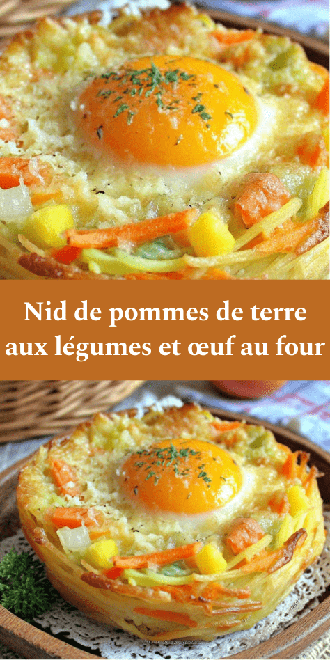 Nid de pommes de terre croustillant au four garni de légumes râpés colorés et d’un œuf au jaune fondant, servi chaud avec herbes fraîches.