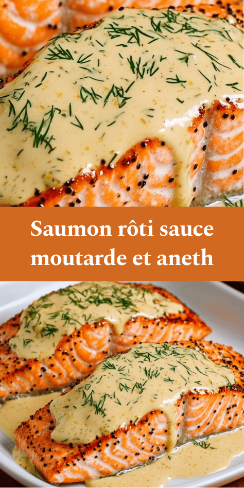 Pavé de saumon rôti à la poêle nappé d’une sauce crémeuse à la moutarde et à l’aneth, finition aux zestes de citron, servi bien chaud.