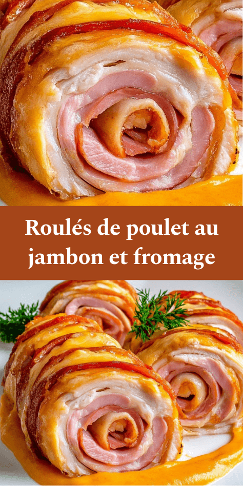 Roulés de poulet garnis de jambon et de fromage fondant, nappés de sauce crémeuse et servis chauds dans une assiette.
