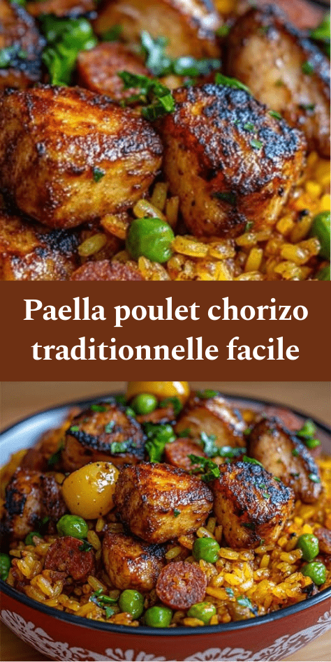 Paella au poulet et chorizo avec riz doré au safran, petits pois et quartiers de citron, servie dans une grande poêle.