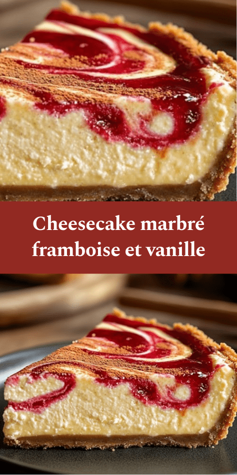 Cheesecake marbré framboise et vanille avec base biscuitée dorée, surface marbrée rose et crème, saupoudré de cacao.