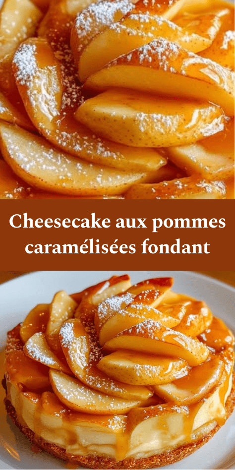 Cheesecake aux pommes caramélisées avec base biscuitée dorée, pommes fondantes nappées de caramel et légère touche de sucre glace.