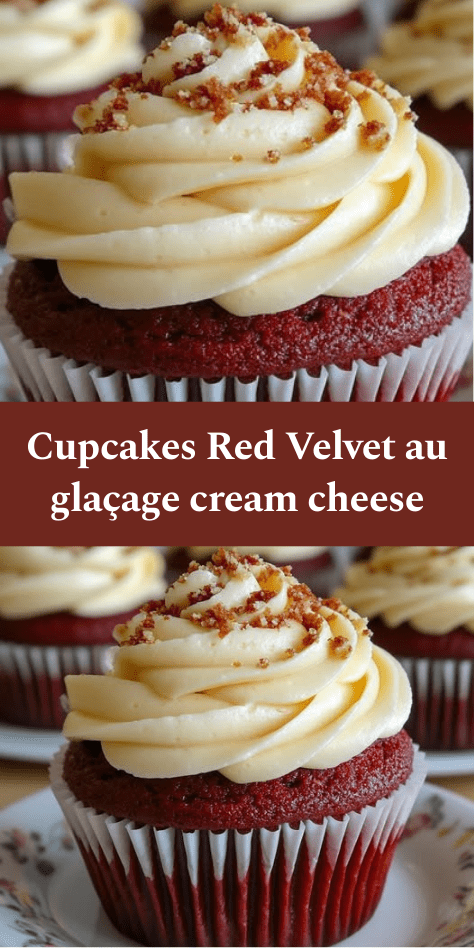 Cupcakes Red Velvet rouges et moelleux, surmontés d’un glaçage cream cheese onctueux et décorés de miettes de gâteau.