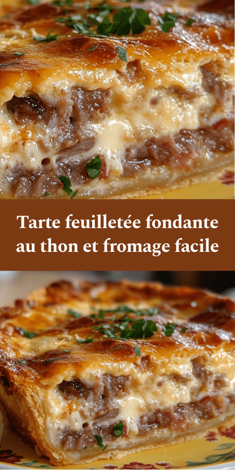 Tarte feuilletée au thon et fromage gratiné, garniture crémeuse au thon émietté, oignons fondants et persil frais.