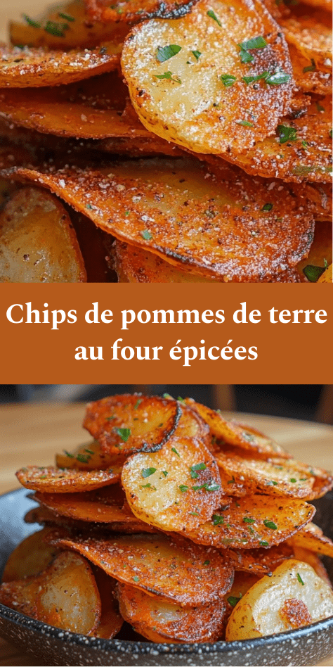 Chips de pommes de terre maison au four, fines et croustillantes, dorées à l’huile d’olive, assaisonnées d’épices et de persil frais.