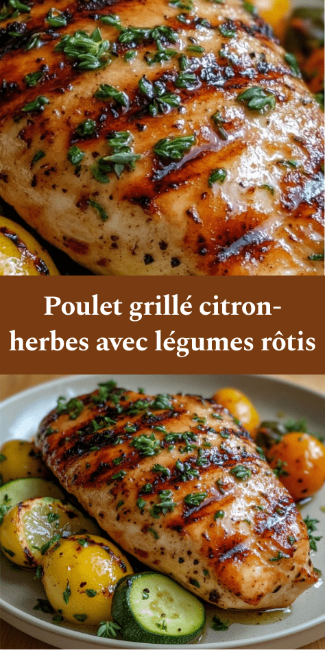 Blanc de poulet grillé mariné au citron et aux herbes, servi avec courgettes et tomates rôties dorées au four.