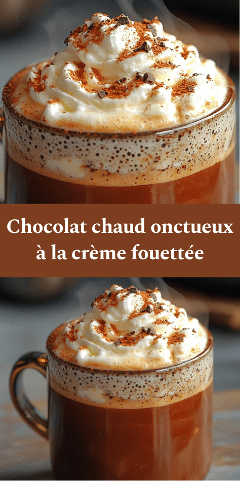 Chocolat chaud maison onctueux au chocolat noir, surmonté de crème fouettée, copeaux de chocolat et cacao saupoudré.