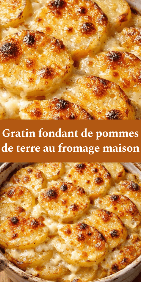 Gratin fondant de pommes de terre au fromage doré au four, couches fines de pommes de terre nappées de crème et fromage gratiné.
