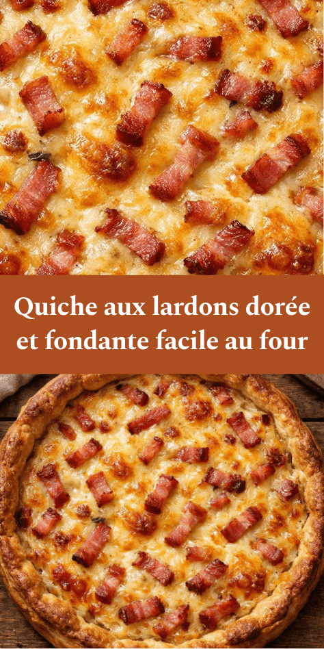 Quiche aux lardons dorée au four, pâte brisée croustillante garnie de lardons fumés, crème, œufs et fromage fondant.