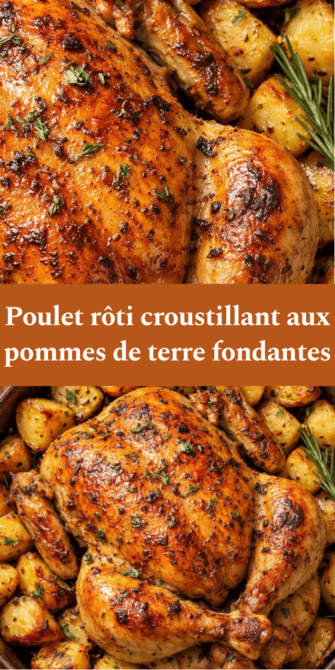 Poulet rôti entier au four à la peau croustillante, entouré de pommes de terre fondantes dorées au jus de cuisson et herbes fraîches.