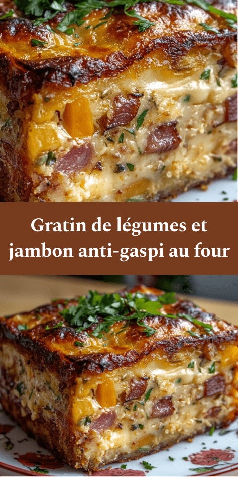 Gratin de légumes mélangés et jambon, gratiné au fromage, doré au four dans un plat familial.