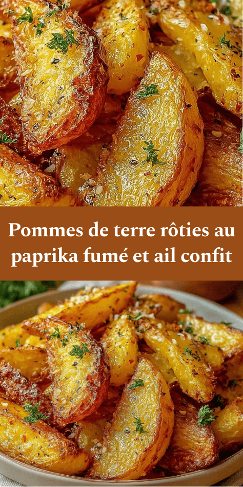 Pommes de terre rôties au four croustillantes au paprika fumé, ail confit fondant, persil frais et dorure intense sur plaque de cuisson.