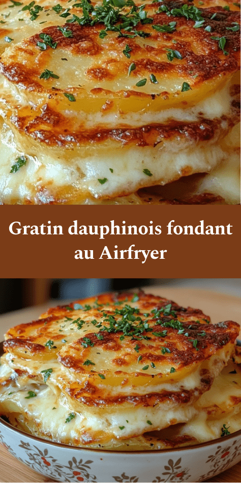 Gratin dauphinois au Airfryer doré et fondant, pommes de terre en fines rondelles nappées de crème, dessus gratiné au fromage.