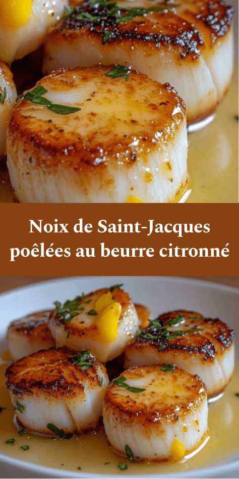 Noix de Saint-Jacques poêlées dorées, nappées de beurre citronné brillant avec persil frais, servies chaudes dans une assiette élégante.