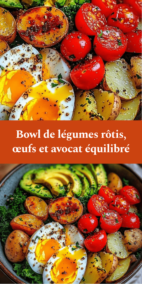 Bowl de légumes rôtis coloré, pommes de terre dorées, œufs mollets, avocat tranché et tomates cerises sur lit de verdure fraîche.