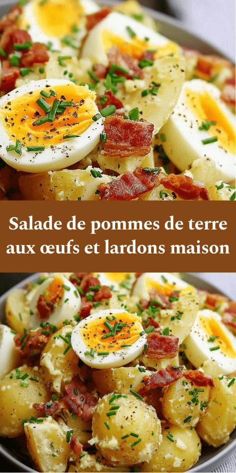 Salade de pommes de terre grenaille aux œufs durs et lardons croustillants, liée à la mayonnaise et parsemée de ciboulette fraîche.