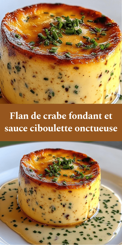 Flan de crabe démoulé, texture lisse et fondante, nappé de sauce crémeuse à la ciboulette, servi chaud dans une assiette élégante.