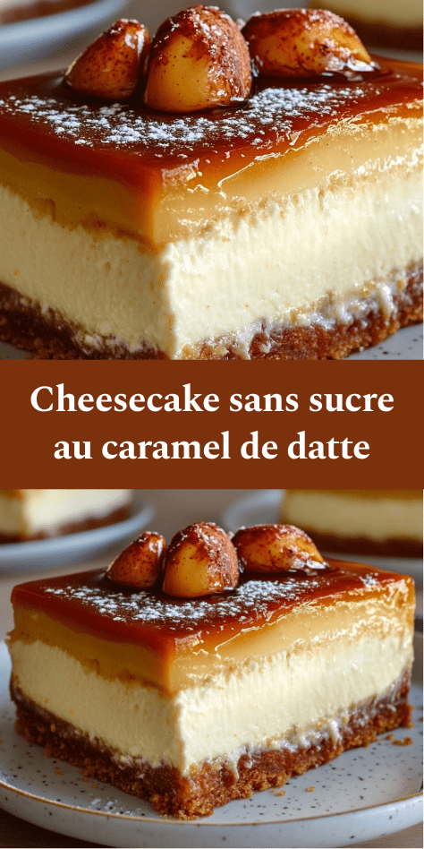 Part de cheesecake sans sucre au caramel de datte, base aux amandes et noix de coco, nappage brillant au caramel et demi-pêches légèrement caramélisées sur le dessus, servie sur une assiette blanche avec texture crémeuse visible.