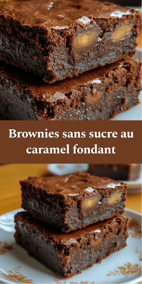 Carrés de brownies sans sucre au chocolat noir intense avec cœur au caramel fondant visible à la découpe, surface légèrement craquelée et texture dense et moelleuse, présentés sur une planche en bois.