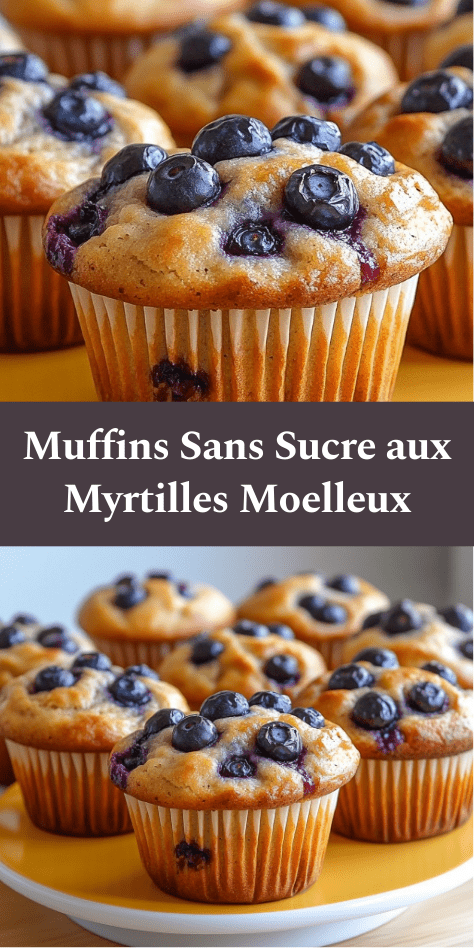 Muffins sans sucre aux myrtilles, texture moelleuse et légèrement dorée, myrtilles éclatées visibles à la surface, présentés dans des caissettes en papier sur une grille de refroidissement.