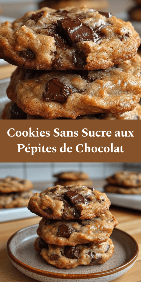 Cookies sans sucre aux pépites de chocolat noir 85 %, texture dorée et légèrement craquelée, bords croustillants et centre fondant, pépites visibles en surface sur une plaque recouverte de papier cuisson.