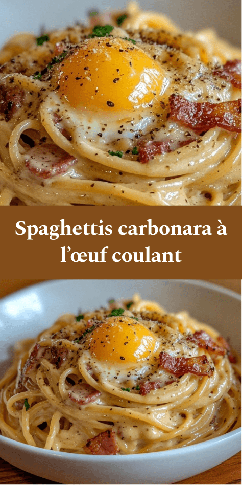 Assiette de spaghettis carbonara crémeux avec lardons dorés, jaune d’œuf coulant posé sur le dessus, copeaux de parmesan et poivre noir fraîchement moulu.