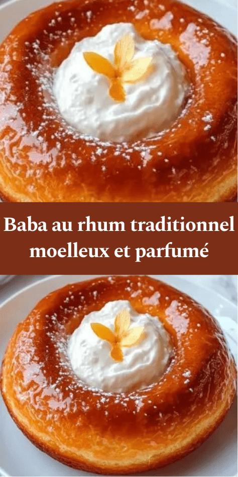 Baba au rhum traditionnel doré, brioche individuelle imbibée de sirop au rhum, garnie de chantilly maison et servie sur une assiette blanche élégante