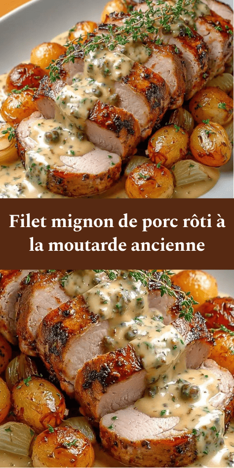 Filet mignon de porc rôti tranché, nappé de sauce moutarde ancienne crémeuse, servi avec pommes de terre grenaille dorées au four.