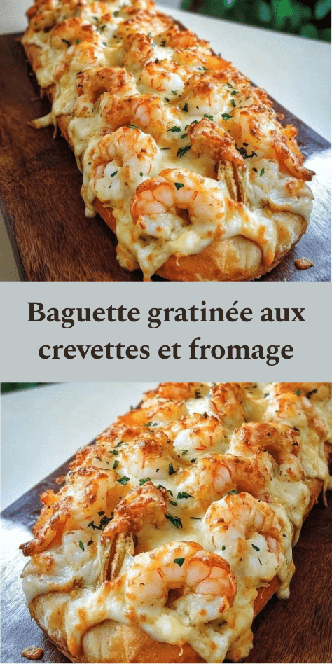 Baguette gratinée croustillante garnie de crevettes, crème onctueuse et fromage fondu doré, servie chaude avec herbes fraîches.