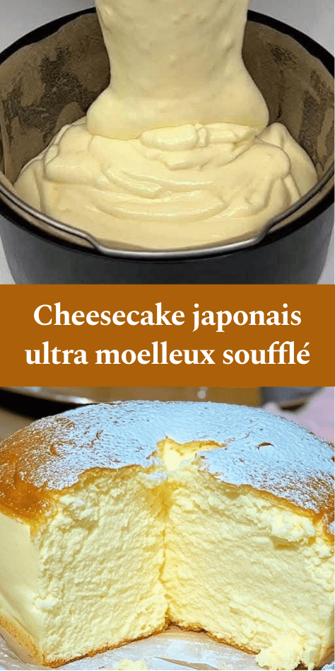Cheesecake japonais ultra moelleux et aérien, texture soufflée légère, surface dorée légèrement craquelée, saupoudré de sucre glace sur une assiette blanche
