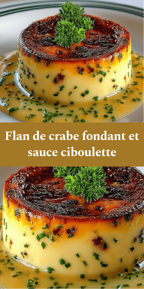 Flan de crabe démoulé, texture lisse et fondante, nappé d’une sauce crémeuse à la ciboulette, servi chaud dans une assiette élégante.