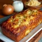 Cake salé moelleux aux oignons caramélisés et fromage, tranché sur une planche, croûte dorée, mie fondante, servi avec salade verte.