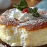 Gâteau nuage au fromage blanc, très aérien et doré, saupoudré de sucre glace, découpé en parts, mie mousseuse visible sur assiette.