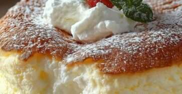 Gâteau nuage au fromage blanc, très aérien et doré, saupoudré de sucre glace, découpé en parts, mie mousseuse visible sur assiette.