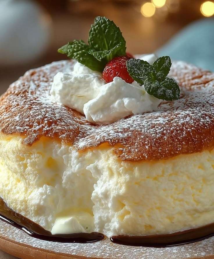 Gâteau nuage au fromage blanc, très aérien et doré, saupoudré de sucre glace, découpé en parts, mie mousseuse visible sur assiette.