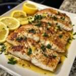 Filets de cabillaud poêlé dorés nappés de sauce citron beurre à l’ail, parsemés de persil, servis avec rondelles de citron.