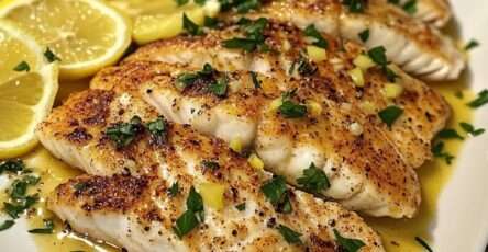 Filets de cabillaud poêlé dorés nappés de sauce citron beurre à l’ail, parsemés de persil, servis avec rondelles de citron.