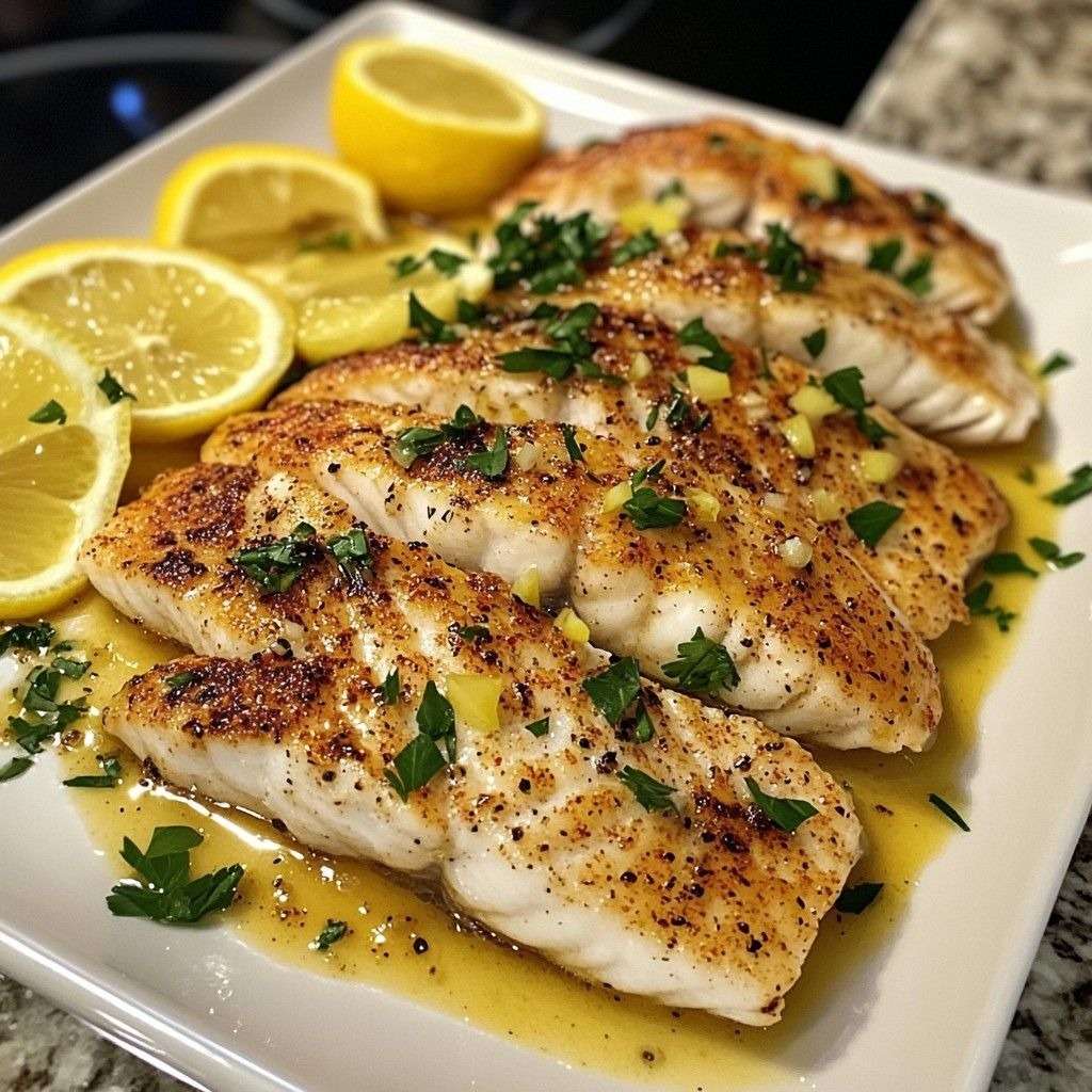 Filets de cabillaud poêlé dorés nappés de sauce citron beurre à l’ail, parsemés de persil, servis avec rondelles de citron.