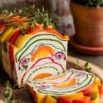 Terrine de légumes colorés au fromage frais, tranchée net, lamelles de courgette et poivrons visibles, servie en entrée avec herbes fraîches.